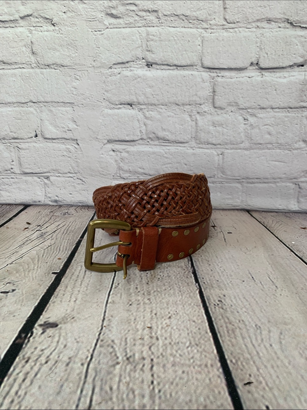 Lucky Brand Tan/Brown Braided Leather Studded Belt